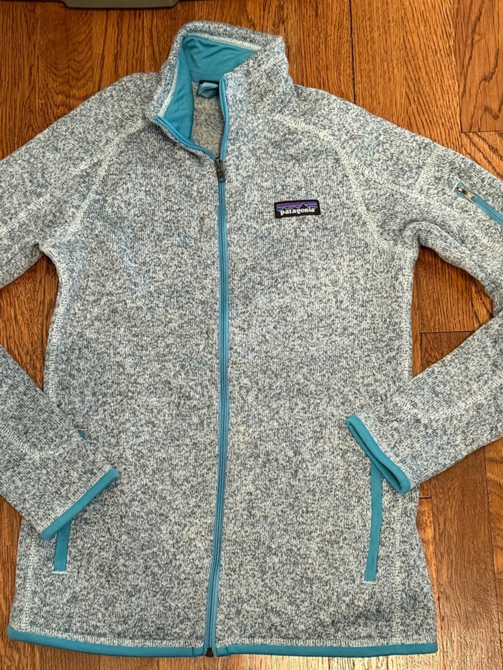 Patagonia Heathered Light Blue Full-Zip Jacket with Teal Trim